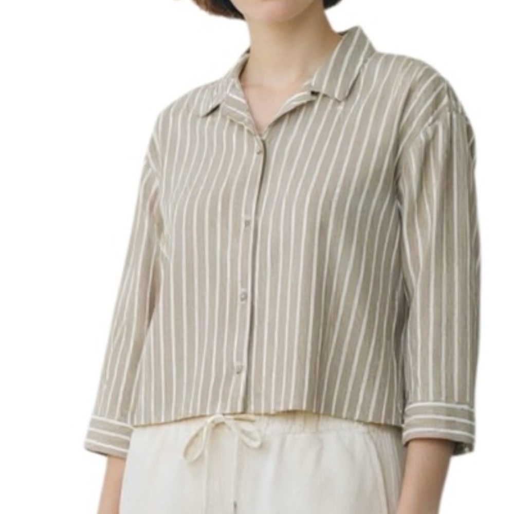 Everlane boxy cotton tan and white striped button down pajamas top. ❗️NEW. Sz XS